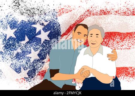 Familie auf dem Hintergrund der Flagge amerikas Stockfoto