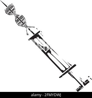 Holzschnitt-Bild im expressionistischen Stil einer Spritze mit DNA-Helix Auf der Nadel Stock Vektor