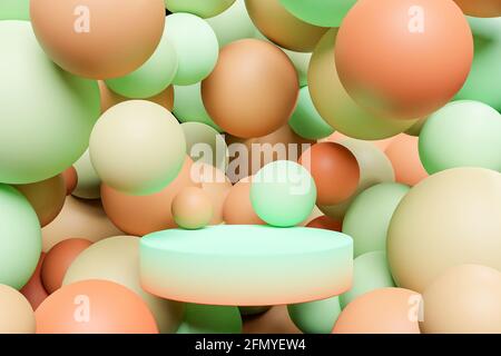 3D-Darstellung eines Zylinders zur Produktpräsentation umgeben von Kugeln mit Verlaufsfarbe Stockfoto