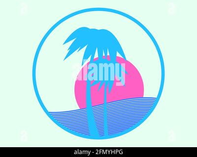 Palmen, Wellen und Sonne auf weißem Hintergrund. Tropisches Logo mit Silhouetten von Palmen in flachem Stil. Vektorgrafik Stock Vektor