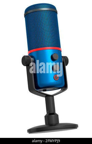 3D-Wiedergabe des blauen Kondensatormikrofons in Studio, isoliert auf Weiß Hintergrund Stockfoto