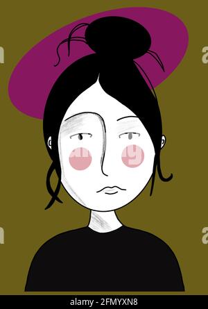 Digitale Illustration des Gesichts einer entspannten Frau, für Geschichten, Pop-Art-Stil Stockfoto