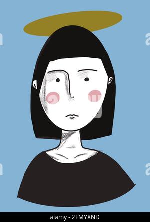 Digitale Illustration des Gesichts einer entspannten Frau, für Geschichten, Pop-Art-Stil Stockfoto