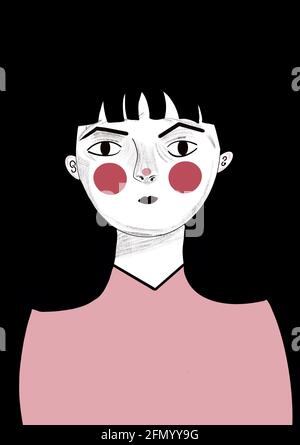 Digitale Illustration des Gesichts einer entspannten Frau, für Geschichten, Pop-Art-Stil Stockfoto