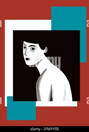 Digitale Illustration des Gesichts einer entspannten Frau, für Geschichten, Pop-Art-Stil Stockfoto