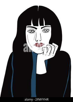 Digitale Illustration des Gesichts einer entspannten Frau, für Geschichten, Pop-Art-Stil Stockfoto