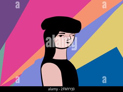 Digitale Illustration des Gesichts einer entspannten Frau, für Geschichten, Pop-Art-Stil Stockfoto