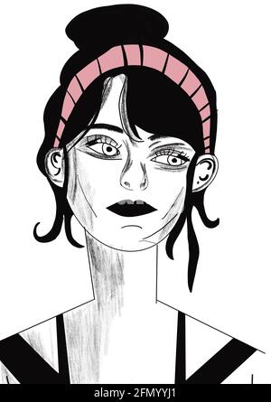 Digitale Illustration des Gesichts einer entspannten Frau, für Geschichten, Pop-Art-Stil Stockfoto