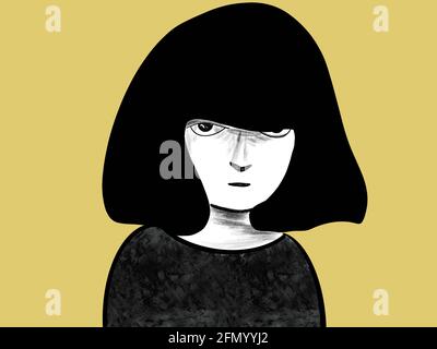 Digitale Illustration des Gesichts einer entspannten Frau, für Geschichten, Pop-Art-Stil Stockfoto