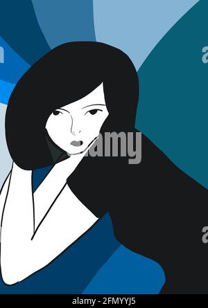 Digitale Illustration des Gesichts einer entspannten Frau, für Geschichten, Pop-Art-Stil Stockfoto