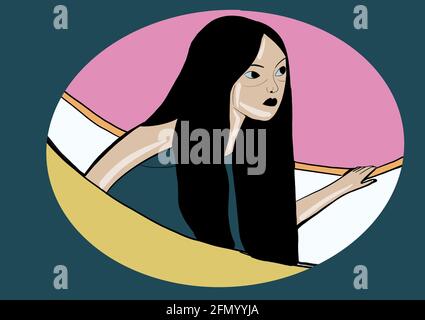 Digitale Illustration des Gesichts einer entspannten Frau, für Geschichten, Pop-Art-Stil Stockfoto