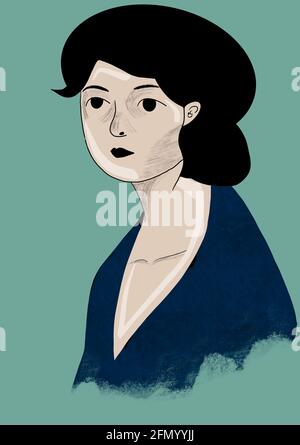 Digitale Illustration des Gesichts einer entspannten Frau, für Geschichten, Pop-Art-Stil Stockfoto