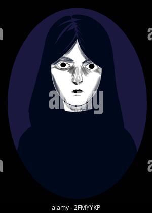 Digitale Illustration des Gesichts einer entspannten Frau, für Geschichten, Pop-Art-Stil Stockfoto