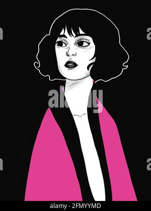 Digitale Illustration des Gesichts einer entspannten Frau, für Geschichten, Pop-Art-Stil Stockfoto