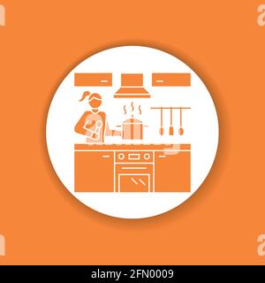 Die Frau steht in der Küche und bereitet das schwarze Glyphen-Symbol vor. Inneneinrichtung. Innenansicht des Zimmers mit Besteck, Möbeln. Vektor-isolierte Illustration Stock Vektor