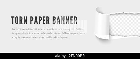 Zerrissenes Papierbanner. Schablone aus Papier horizontalen Streifen mit eingerissenen Loch Ränder und Platz für Text. Realistischer Vektorpapier-Textureffekt Stock Vektor