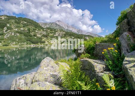 Wandern zu den Banderitsa-Seen, Blick über die Seen des Pirin-Gebirges in Bulgarien mit Muratovo, Ribnoto, Nationalpark Pirin Stockfoto