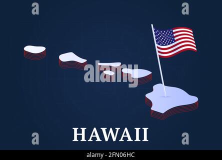 isometrische Karte des staates hawaii und isometrische Flagge der USA mit Natioanl-3D-Darstellung Form von uns Zustand Vektor Illustration Stock Vektor