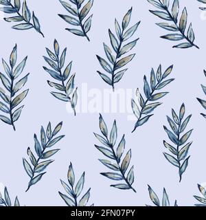 Niedliches minimalistisches Aquarell-Nahtloses Muster mit blauen Ästen. Stockfoto