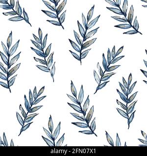 Niedliches minimalistisches Aquarell-Nahtloses Muster mit blauen Ästen. Stockfoto