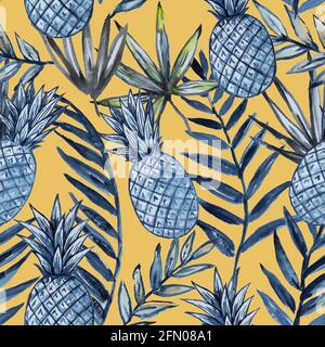 Aquarell-Nahtloses Muster mit Ananas und tropischen Blättern. Stockfoto