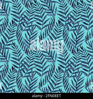 Originales nahtloses Muster mit blauen tropischen Palmblättern. Aquarellmalerei . Stockfoto