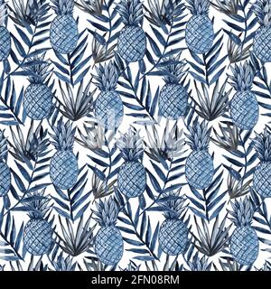 Aquarell-Nahtloses Muster mit Ananas und tropischen Blättern. Stockfoto