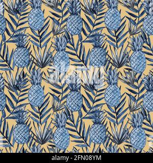 Aquarell-Nahtloses Muster mit Ananas und tropischen Blättern. Stockfoto