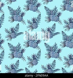 Aquarell-Nahtloses Muster mit Ananas und tropischen Blättern. Stockfoto