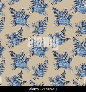 Aquarell-Nahtloses Muster mit Ananas und tropischen Blättern. Stockfoto