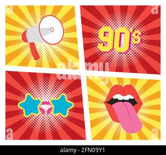 Achtziger Jahre vier Patches setzen Symbole Stock Vektor