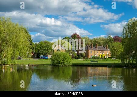 West End Village, Esher, Surrey, England, Großbritannien. Ein typisches englisches Dorf, das um einen Ententeich gebaut wurde. Stockfoto