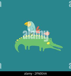 Niedliche Krokodil oder Alligator und Vögel Cartoon Tier, Baby und Kinder drucken Design Vektor Illustration. Stock Vektor
