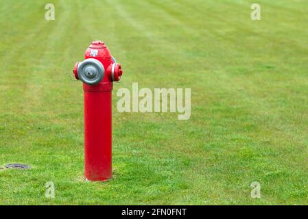 Roter Hydrant auf dem Rasen. Moderner hoher Hydrant auf einem Feld mit flachem Gras. Stockfoto