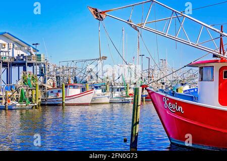 Garnelenboote werden am Biloxi Small Craft Harbour am 8. Mai 2021 in Biloxi, Mississippi, angedockt. Stockfoto