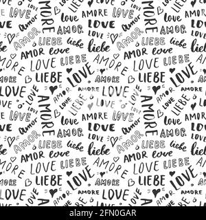 Love Lettering nahtlose Muster Vektor Illustration. Liebe in verschiedenen Sprachen geschrieben romantische Wörter Hintergrund. Stock Vektor