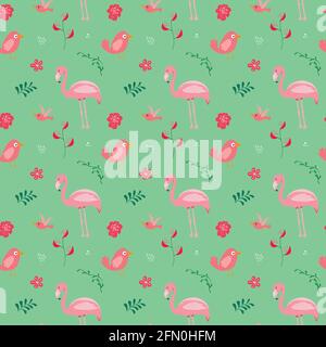 Niedliche Flamingo und tropische Pflanzen Nahtloses Muster. Handgezeichneter Hintergrund für Tier- und exotische Blumen. Vektorgrafik. Stock Vektor