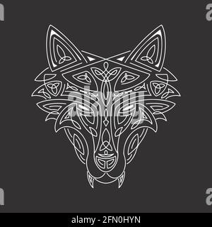 Wolf Kopf im keltischen Stil, T-Shirt-Typografie-Design, Wildtier-Grafikdruck. Vektorgrafik. Stock Vektor