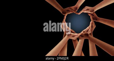 Gemeinsam vereintes Konzept für Einheit und Vielfalt Partnerschaft als Herzhände in einer Gruppe von Menschen verbunden geformt als ein Unterstützungssymbol zum Ausdruck bringen. Stockfoto