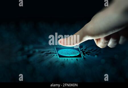 Geschäftsmann mit Fingerabdruck-Scan. Der Fingerabdruck-Scan ermöglicht den Zugriff mit biometrischer Identifizierung am konvergierenden Schaltpunkt. Technologie. Stockfoto