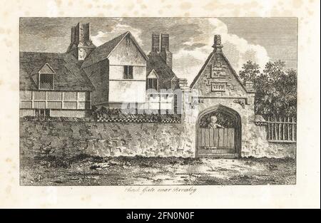 Ein merkwürdiges jakobisches Backsteintor zu einem Haus aus dem Jahr 1599 in der Nähe von Bromley, Kent. John Gun lizensiert, um Post Horses, 1599. Kupferstich gezeichnet und gestochen von James Peller Malcolm aus seinen Anekdoten der Manners and Customs of London im 18. Jahrhundert, Longman, Hurst, London, 1808. Malcolm (1767-1815) war ein amerikanisch-englischer Topograph und Kupferstecher, Fellow der Society of Antiquaries. Stockfoto