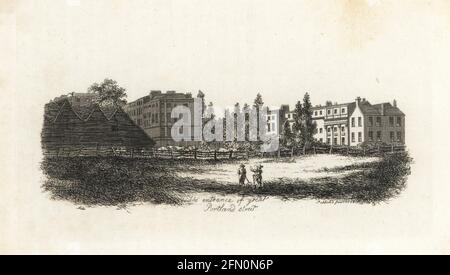 Weide- und Farmland des Regent's Park am nördlichen Eingang zur Great Portland Street, London, 1807. Kupferstich gezeichnet und gestochen von James Peller Malcolm aus seinen Anekdoten der Manners and Customs of London im 18. Jahrhundert, Longman, Hurst, London, 1808. Malcolm (1767-1815) war ein amerikanisch-englischer Topograph und Kupferstecher, Fellow der Society of Antiquaries. Stockfoto