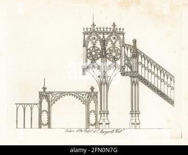 Abschnitt der Kanzel in St. Margaret's, Westminster Abbey. Kupferstich gezeichnet und gestochen von James Peller Malcolm aus seinen Anekdoten der Manners and Customs of London im 18. Jahrhundert, Longman, Hurst, London, 1808. Malcolm (1767-1815) war ein amerikanisch-englischer Topograph und Kupferstecher, Fellow der Society of Antiquaries. Stockfoto