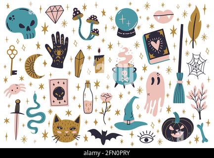 Halloween Hexerei Elemente. Magischer Doodle Hexentrank, Schädel, Schlange und magischer Kessel Vektor Illustration Set. Hexerei handgezeichnete Symbole Stock Vektor