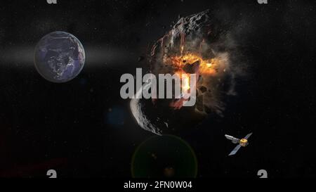 Rettung des Planeten Erde vor dem Planeten. Explosion auf einem Meteoriten, der zur Erde fliegt. Das Raumschiff fliegt nach einer erfolgreichen Mission weg. Collage. Elemente von Stockfoto