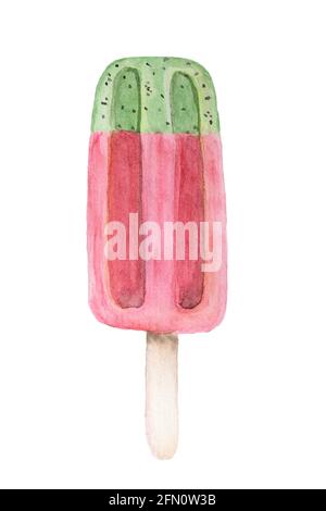 Aquarell-Handzeichnung von Fruchteis auf Stick isoliert auf weißem Hintergrund. Sommerlich kaltes Dessert mit Wassermelone. Stockfoto