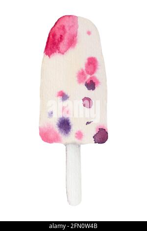 Milchfruchteis auf Stick isoliert auf weißem Hintergrund. Aquarell handgezeichnetes Eis mit Beeren. Stockfoto