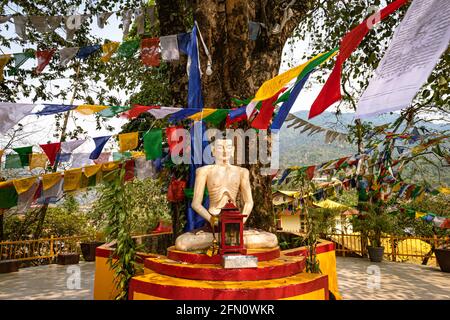 buddha sitzt in Meditationshaltung mit religiösen Fahnen am Tag aus flachem Winkel im itanagar Kloster arunachal pradesh indien. Stockfoto