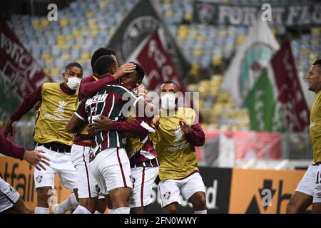 Fluminense-Spieler Caio Paulista feiert sein Tor beim Spiel Fluminense x Santa Fé für den Libertadores Cup im Stadion Maracanã. Stockfoto