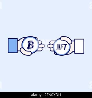 Hand geben nicht fungible Token, andere Geschäftsmann hält eine Bitcoin. Austausch von Kryptowährung an NFT Icon. Stock Vektor